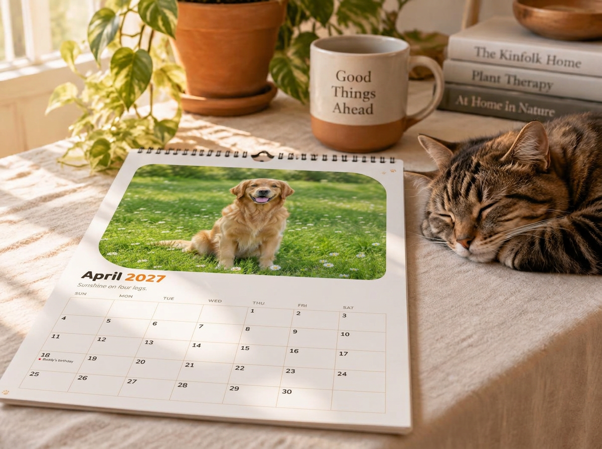 A printed PawYear calendar with a golden retriever photo on a table beside a sleeping cat