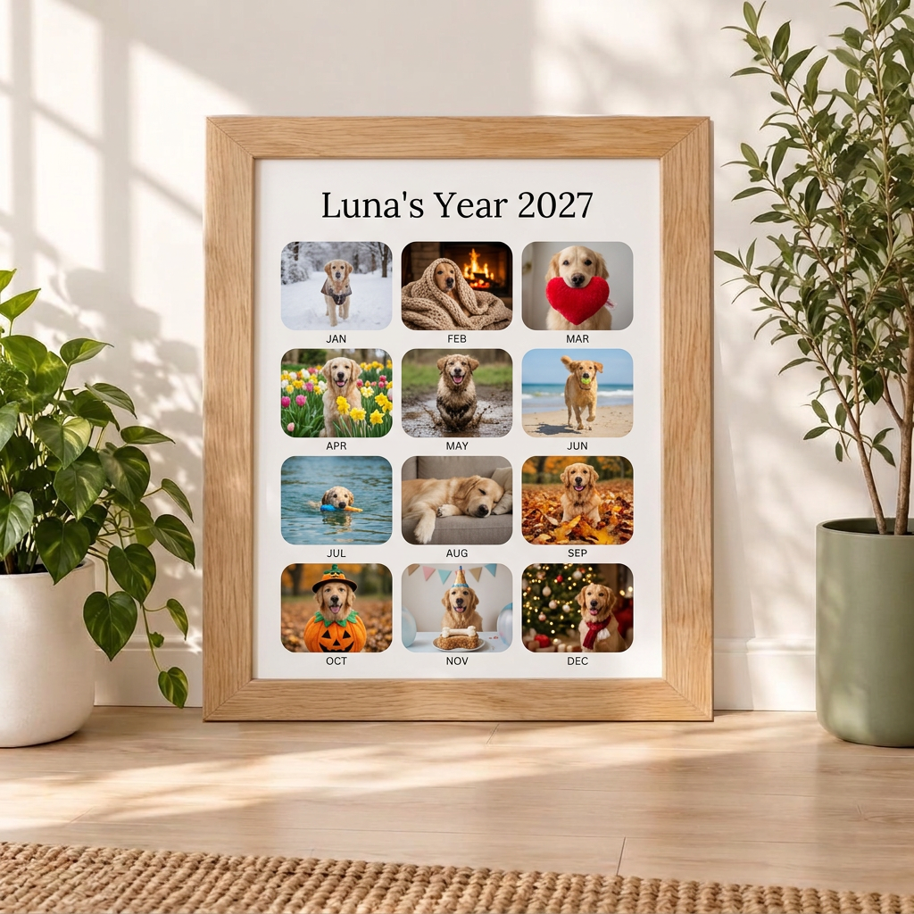 Framed year-at-a-glance poster with 12 photos of Luna the golden retriever
